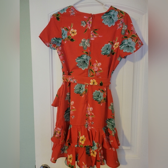 Honey and Rosie Red Floral Mini Dress with Green and Yellow Accents - Picture 3 of 3